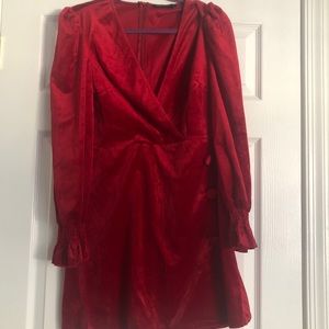 Red velvet flounce sleeve dress